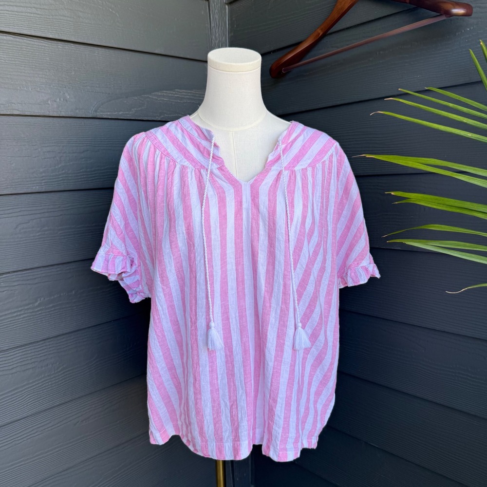 BeachLunchLounge Linen Cotton Pink White Stripe Tassel Peasant Top Medium